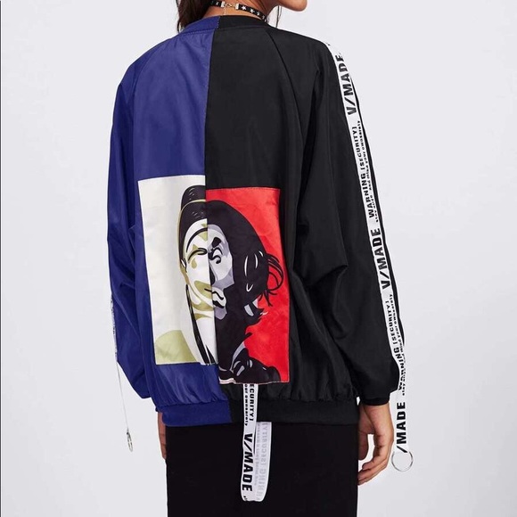 Two Toned Bomber Jacket—Patch Black Ribbon Detail 🟣 - Picture 2 of 5